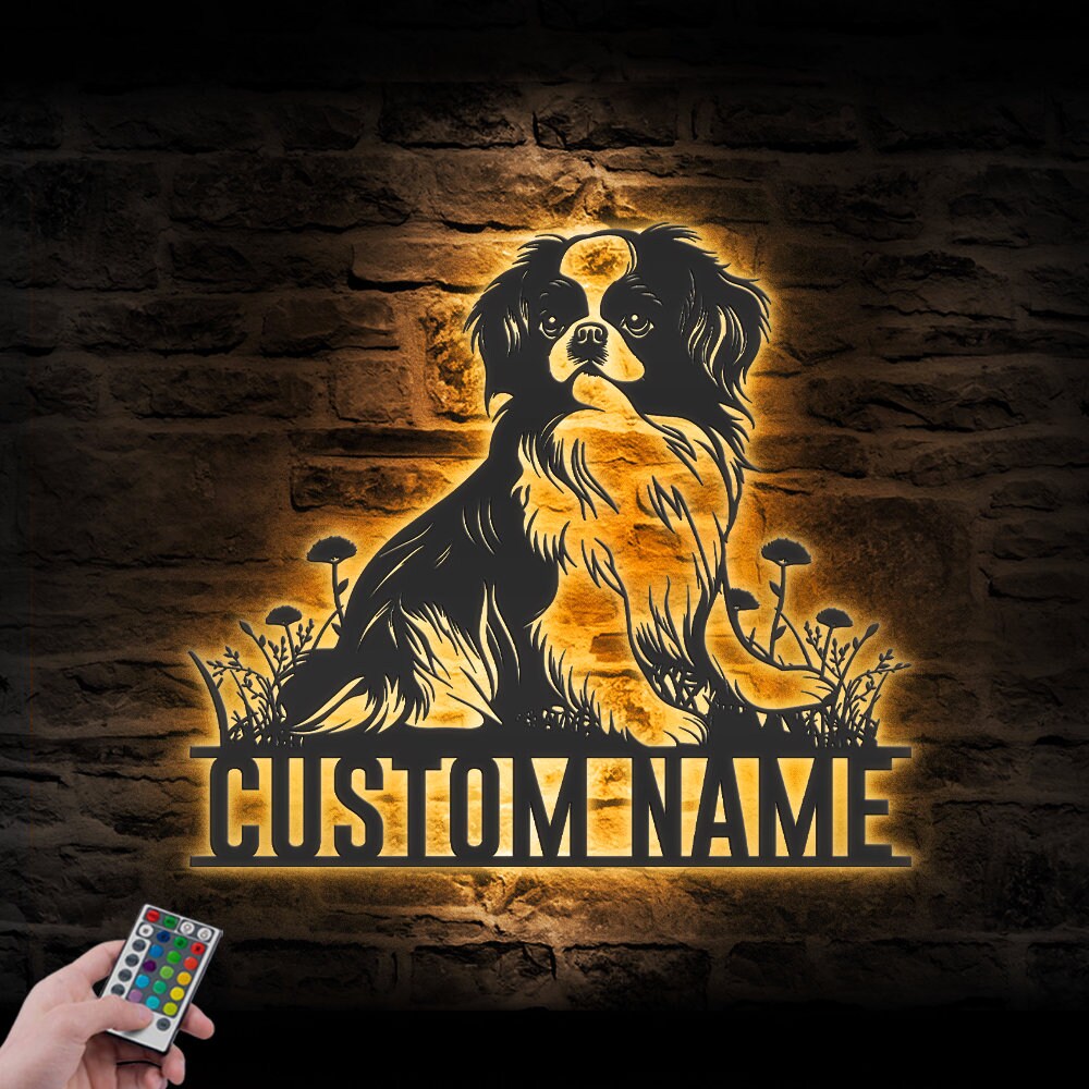 Letrero de metal con luz LED para pared con diseño de perro Spaniel japonés personalizado, decoración para el hogar, decoración para habitación de niños, cumpleaños