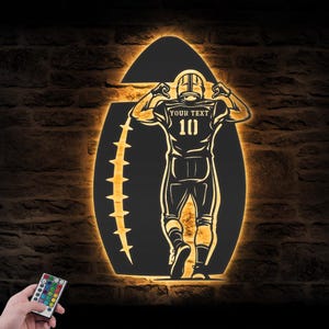 Custom American Football Metal Wall Art LED Light Personalized Player Name Sign Home Decor Man Cave Decoration Birthday Christmas Dad Gift