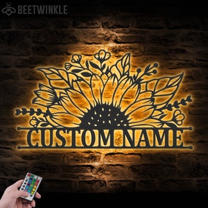 Custom Half Sunflower Monogram Metal Wall Art LED Light Personalized Sunflower Farmhouse Name Sign Home Decor Farming Decoration Xmas
