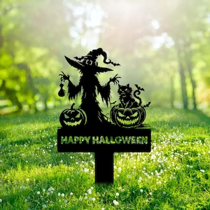 Custom Witch Hat Pumpkin Metal Garden Stake Halloween Metal Yard Art Sign Personalized Black Cat Scary Horror Outdoor Decor Spooky Season