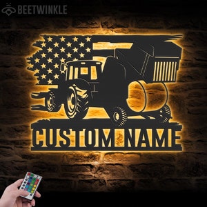 Custom Round Baler Tractor Driver Metal Wall Art LED Light Personalized Farm Tractor Garage Name Sign Home Decor Mechanic Repair Decoration