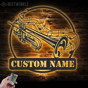 Custom Trumpet Musical Instrument Metal Wall Art LED Light Personalized Trumpet Player Name Sign Home Decor Music Room Decoration Birthday
