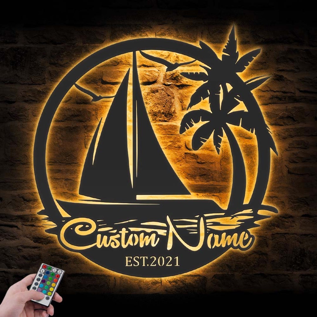 Custom Sailing Ship Metal Wall Art LED Light Personalized Sailboat Name