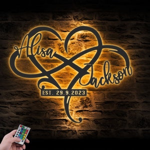 Arte de pared de metal con nombre y fecha personalizados, luz LED, letrero con nombre de corazón e infinito personalizado, decoración para el hogar, boda, amor, día de San Valentín