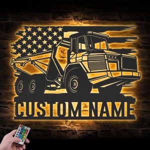 Custom US Articulated Drump Truck Driver Metal Wall Art LED Light Personalized Trucker Name Sign Home Decor 18 Wheeler Decoration Dad Gift