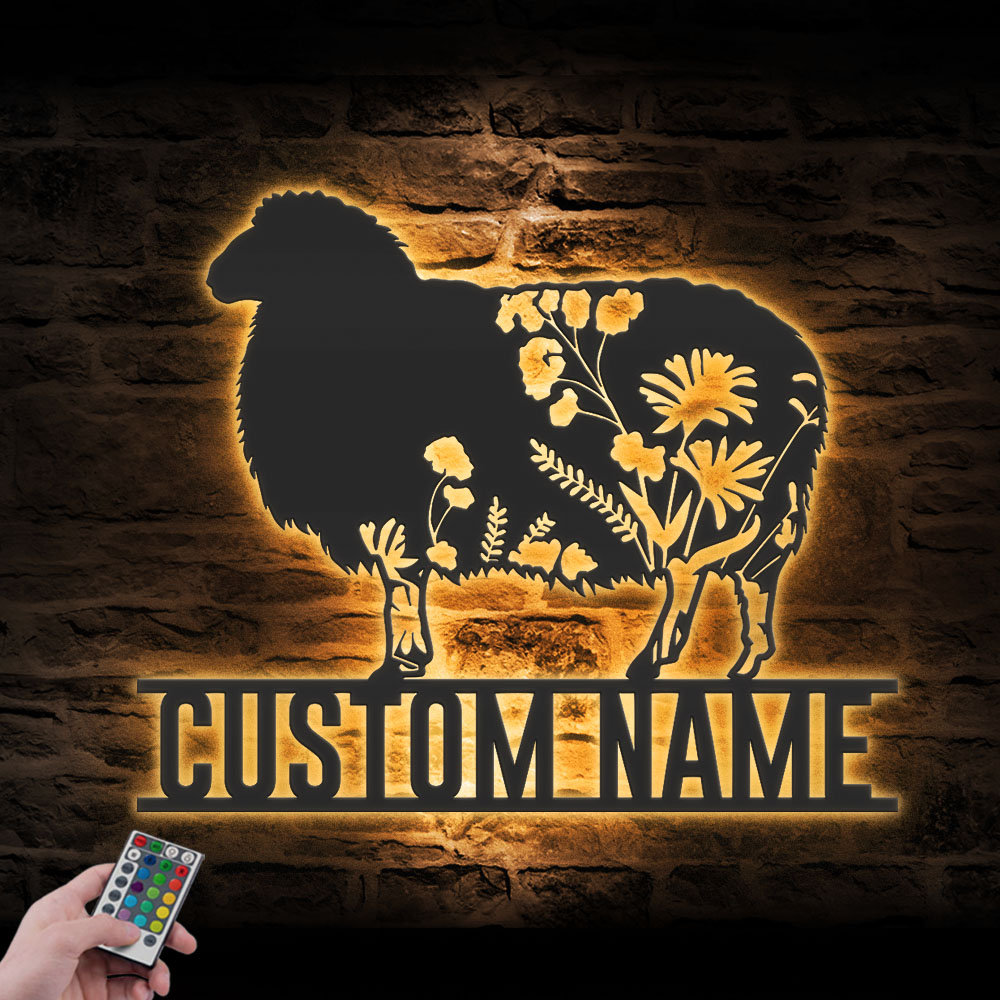Custom WildFlower Sheep Metal Wall Art LED Light Personalized Wild Flower Sheep Name Sign Decor Floral Sheep Decoration Sheep Farmhouse Xmas