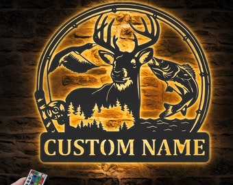 Custom  Deer Duck And Bass Fishing Metal Wall Art LED Light Personalized Hunter Name Sign Home Decor Cabin Decoration Housewarming Xmas Gift