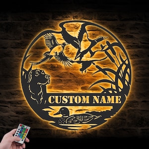 Custom Pheasant Duck Geese Labrador Dog Farmhouse Metal Wall Art LED Light Personalized Hunting Farm Name Sign Decor Lake Cabin Decoration