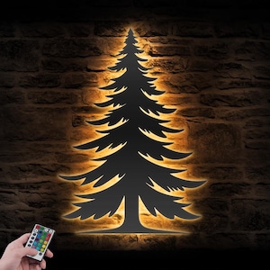 Natura Wispy Pine Tree Metal Wall Art LED Light Cedro Nome Albero Segno Decorazione per la casa Benvenuto Decorazione della cabina Decorazione della casa Compleanno Natale