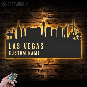 Letrero de metal con diseño de paisaje urbano de Las Vegas personalizado, luz LED, letrero con nombre, decoración para el hogar, regalo de nacimiento en Las Vegas