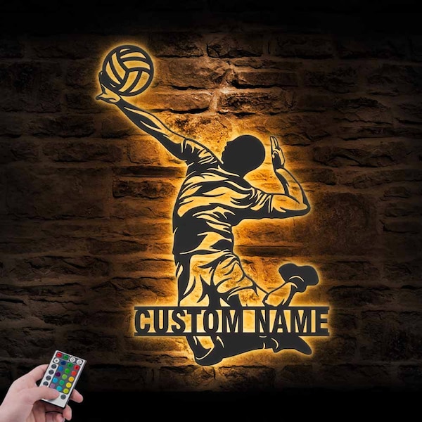 Custom Man Volleyball Metal Wall Art LED Light Personalized Male Volleyball Player Name Sign Home Decor Kid Nursery Decoration Christmas