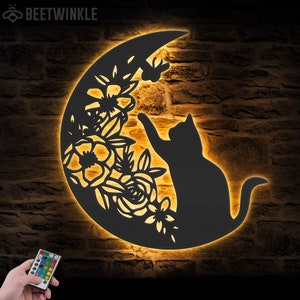 Black Cat On The Moon Metal Wall Art with LED Light Floral Moon Cat Sign Home Decor Crescent Moon Decoration Hanging Door Birthday Xmas Gift