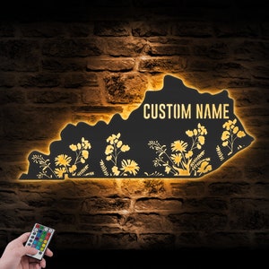 Custom Wild Flower Kentucky State Metal Wall Art LED Light Personalized Wildflower Map Name Sign Home Decor Floral Decoration Christmas Xmas