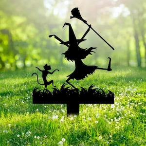 Funny Witch And Cat Dancing Metal Garden Stake Halloween Metal Yard Art Sign Spooky Witch Cat Outdoor Decor Spooky Season Halloween Sign