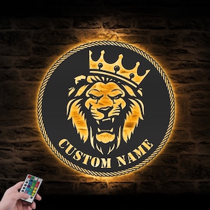 Custom King Lion Metal Wall Art LED Light Personalized Lion Lover Name Sign Home Decor Wild Animal Boy Girl Nursery Decoration Christmas