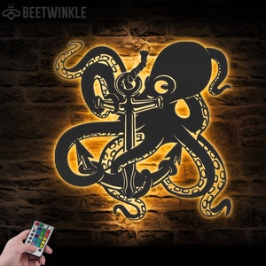 Octopus And Anchor Metal Wall Art LED Light Octopus Lover Sign Home Decor Kid Boy Girl Nursery Decoration Housewarming Birthday Xmas Gift