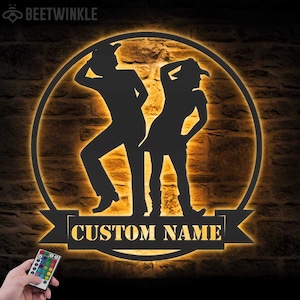 Custom Couple Line Dancing Metal Wall Art LED Lights Personalized Classic Dancer Name Sign Home Decor Dance Room Nursery Decoration Birthday