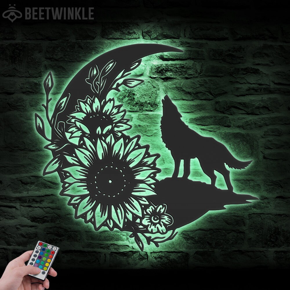 Floral Wolf on the Srescent Moon Sunflower Metal Wall Art LED