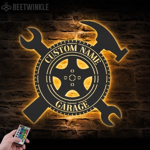 Custom Garage Metal Wall Art LED Light Personalized Workshop Name Sign Home Decor Mechanic Repair Decoration Repairman Birthday Christmas