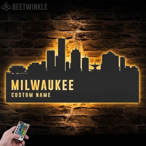 Benutzerdefinierte Milwaukee Skyline Metall Wandkunst LED-Licht Personalisierte Wisconsin Home Stadtbild Name Schild Wohnkultur Geboren in Milwaukee Dekoration