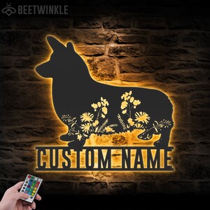 Custom FLoral Pembroke Welsh Corgi Metal Wall Art LED Light Personalized Wild Flower Dog Lover Name Sign Home Decor Pet Animal Decor Xmas