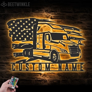 Custom US Cascadia Truck Driver Metal Wall Art LED Light Personalized Trucker Name Sign Home Decor 18 wheeler Decoration Birthday Xmas Gifts