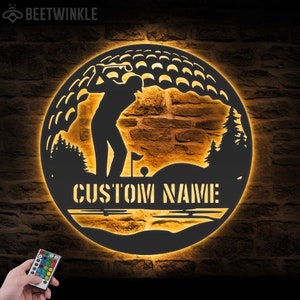 Arte de parede de metal personalizada para golfe, luz LED, placa com nome do jogador de golfe, decoração para casa, taco de golfe de 19 buracos, decoração de aniversário, Natal, presentes para o pai