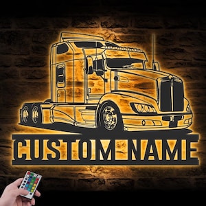Custom Semi Truck Driver Metal Wall Art LED Light Personalized Trucker Name Sign Home Decor 18 wheeler Decoration Birthday Xmas Dad Gifts