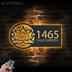 Custom Lotus House Number Metal Wall Art with LED Light Personalized Namaste Address Number Name Sign Home Decor Housewarming Decoration
