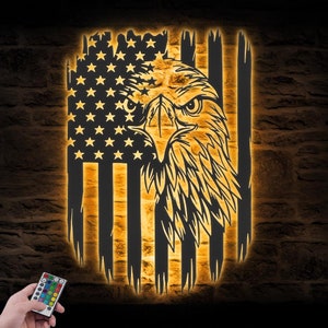 American Eagle US Flag Metal Wall Art LED Light Bald Eagle Sign Home Decor Eagle Lover Nursery Decoration Man Cave Birthday Houswarming Xmas