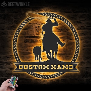 Custom Cowboy Cattle Roping Metal Wall Art LED Light Personalized Tie Down Roper Name Sign Home Decor Calf Roper Decoration Team bull Rodeo