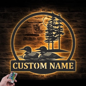 Custom Couple Pacific Loon Metal Wall Art LED Light Personalized Loon Lover Name Sign Home Decor Pet Bird Nursery Decoration Housewarming
