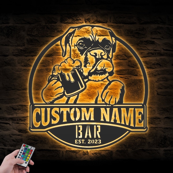 Custom Funny Boxer Thirsty Beer Pub Metal Wall Art LED Light Personalized Beer Bar Name Sign Home Decor Dog Beer Lover Decoration Dad Gift