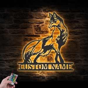 Custom Fox Metal Wall Art LED Light Personalized Fox Lover Name Sign Home Decor Kid Nursery Decoration Wild Animal Housewarming Birthday
