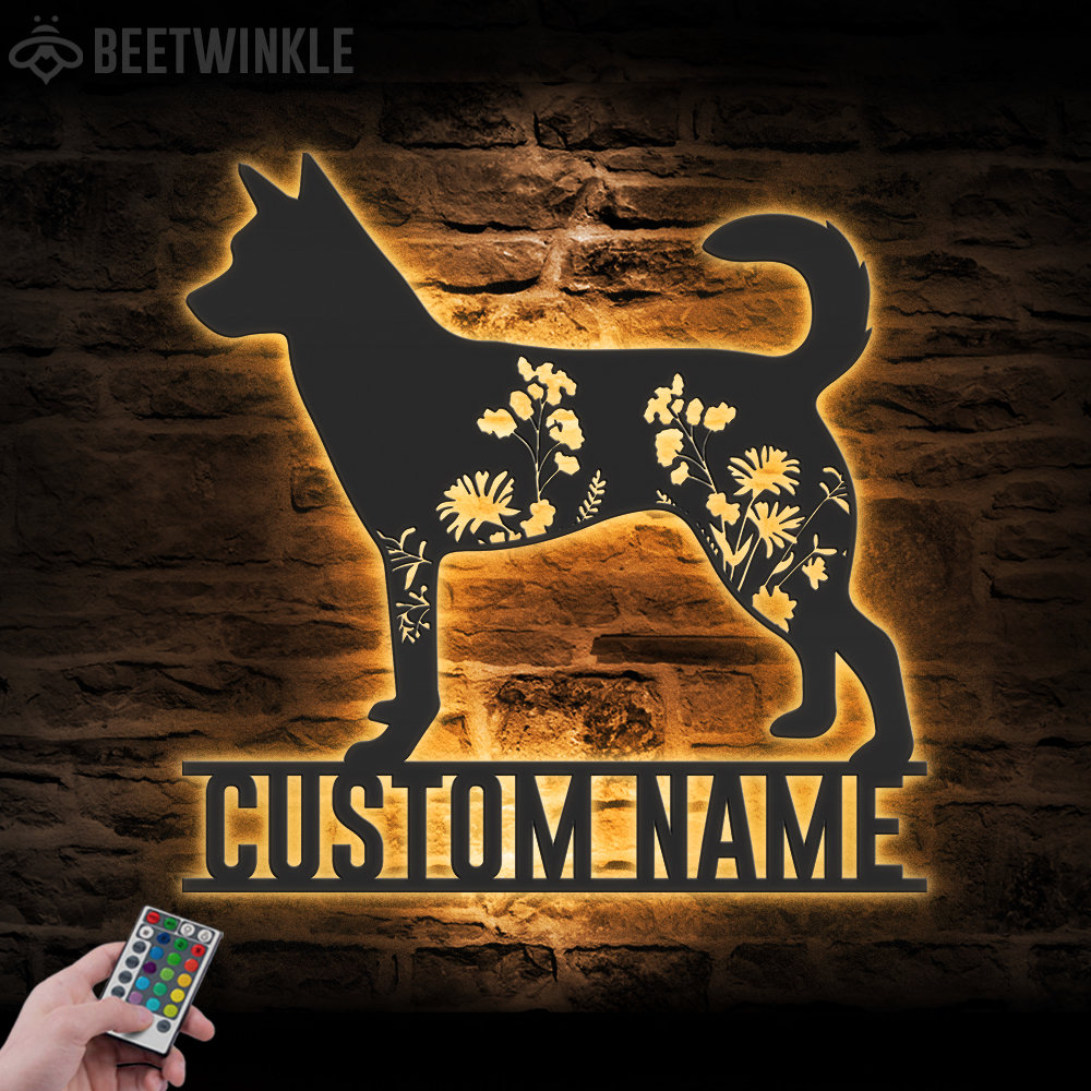 Custom FLoral Norwegian Lundehund Metal Wall Art LED Light Personalized Wild Flower Dog Lover Name Sign Home Decor Pet Animal Decoration
