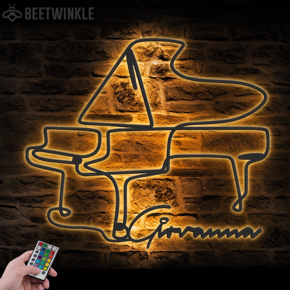 Arte da parete in metallo con pianoforte personalizzato, luce a LED, cartello con nome del pianista personalizzato, decorazione per la casa, sala musica, decorazione per la cameretta dei bambini, regalo di compleanno e Natale