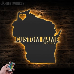 Custom Wisconsin Map Metal Wall Art LED Light Personalized Wisconsin State Name Sign Home Decor Born in Wisconsin Decoration Housewarming