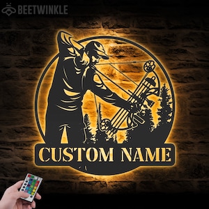 Custom Compound Bow Hunter Metal Wall Art LED Lights Personalized Bow Hunting Name Sign Home Decor Bow Arrow Decoration Man Cave Christmas