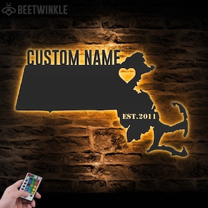 Custom Massachusetts Map Metal Wall Art LED Light Personalized Massachusetts State Name Sign Home Decor Born in Massachusetts Decoration