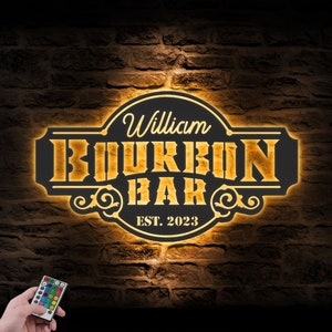 Custom Home Pub Gin Whiskey Bar Metal Wall Art LED Light Personalized Bourbon Cocktail Drinking Name Sign Home Decor Man Cave Decoration