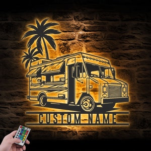 Custom Fast Food Truck Metal Wall Art LED Light Personalized Mobile Food Store Name Sign Home Decor Food Truck Driver Decoration Christmas