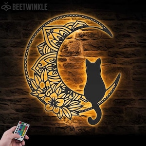 Black Cat On The Moon Metal Wall Art with LED Light Moon Cat Sign Home Decor Crescent Moon Decoration Man Cave Hanging Door Housewarming