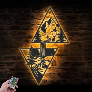 Arte de pared de metal con luz LED, cascada, montaña, bosque, naturaleza, árbol, colina, gran aventura, cascada, letrero, decoración para el hogar, senderismo, decoración para campistas y excursionistas