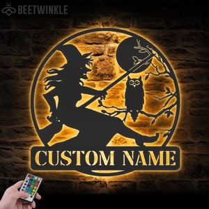 Custom Witch And Owl Metal Wall Art Led Light Personalized Moon Witch Riding Broom Name Sign Decoration Halloween Home Decor Housewarming