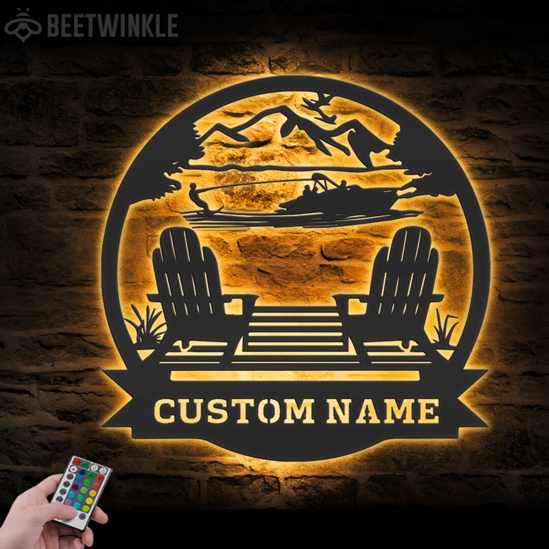 Custom Lake House Metal Wall Art LED Light Personalized Lake Mountain