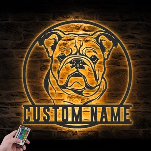 Custom BullDog Metal Wall Art LED Light Personalized Dog Lover Name Sign Home Decor Pet Animals Decoration Housewarming Birthday Christmas