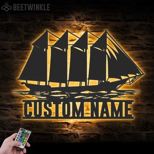 Custom Schooner Sailing Metal Wall Art LED Light Personalized Sailboat Name Sign Home Decor Cabin Lake Life Decoration Housewarming