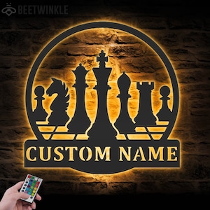 Custom Chess Metal Wall Art LED Light Personalized Chess Player Name Sign Home Decor Game Zone Man Cave  Kid Nursery Decoration Birthday