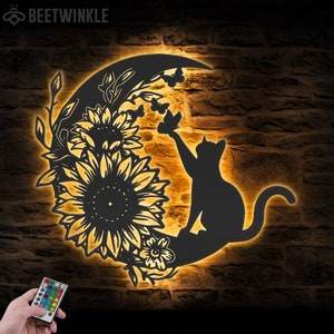 Floral Cat on The Crescent Moon Sunflower Metal Wall Art with LED Light Floral Moon Cat Sign Home Decor Sunflower Cat Decoration Hanging