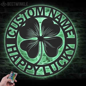 Custom Four Leaf Clover Metal Wall Art LED Light Personalized St Patricks Day Name Sign Home Decor Shamrock Lucky Irish Decoration Birthday